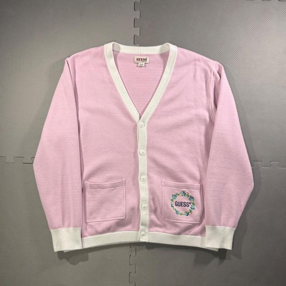 GUESS Originals Floral Pocket Cardigan Pink White Trim Vintage 90s XL